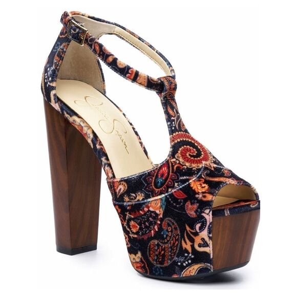 Jessica Simpson The Dany Paisley Print Platform Block Heel T-Strap Sandals 9 - Picture 1 of 16